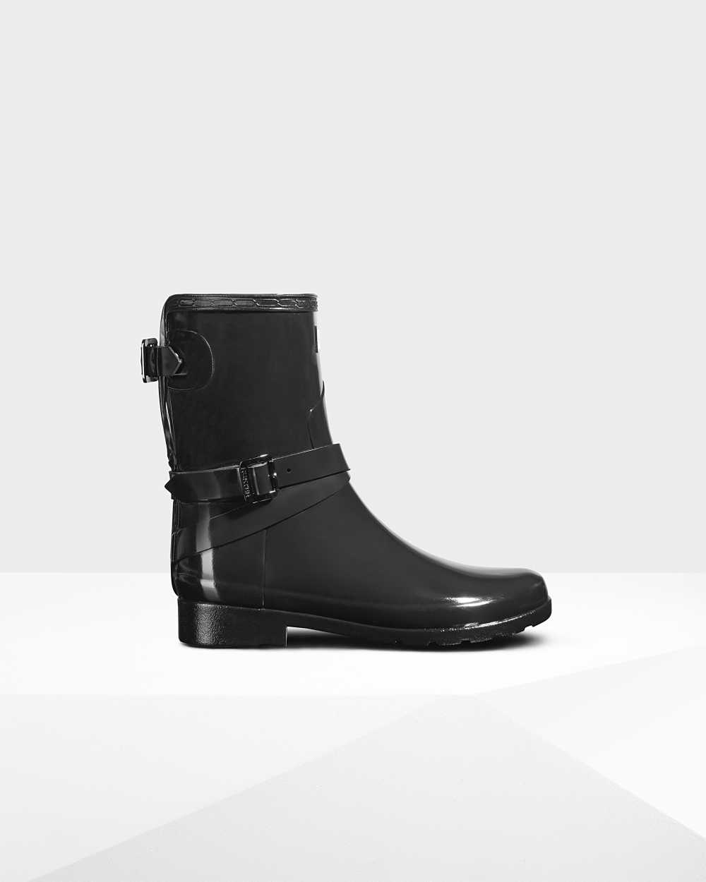 Womens Hunter Refined Adjustable Short Gloss Mid-Calf Rain Boots Black | JAEYQW-573